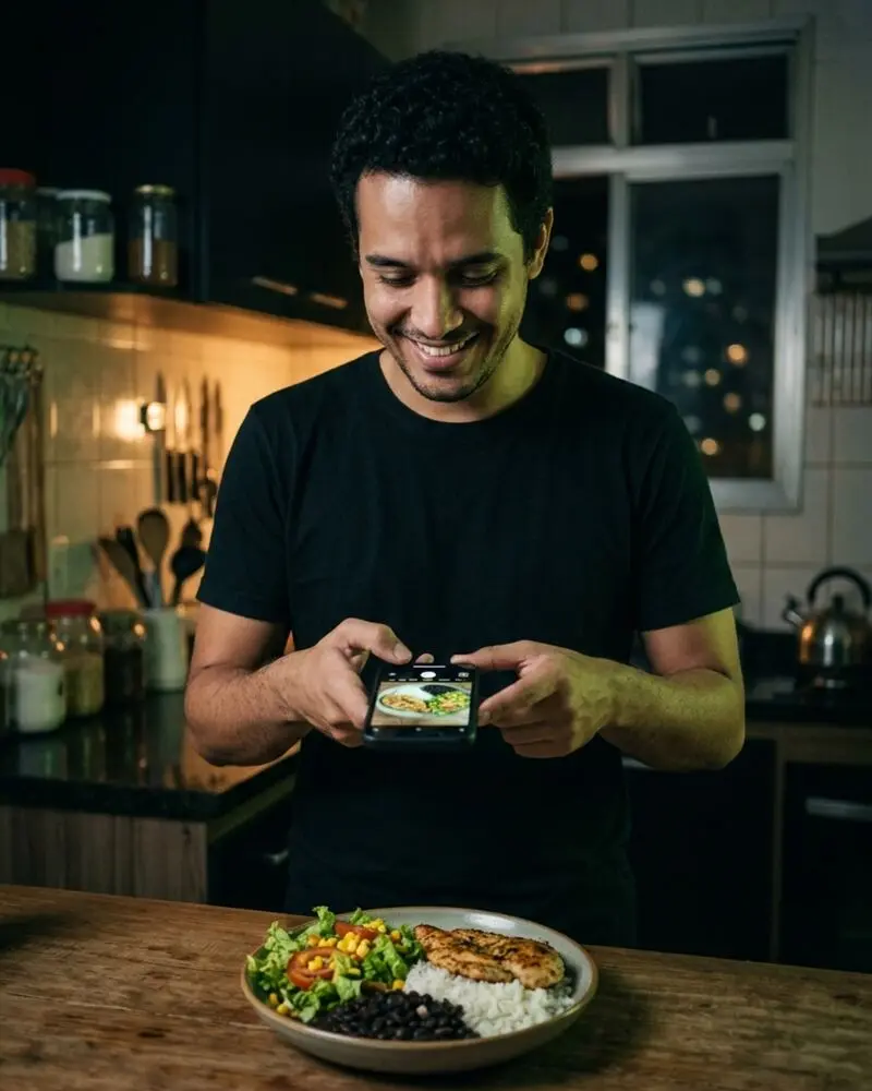 Homem fotografando o prato do jantar com o celular pra mandar pro coach